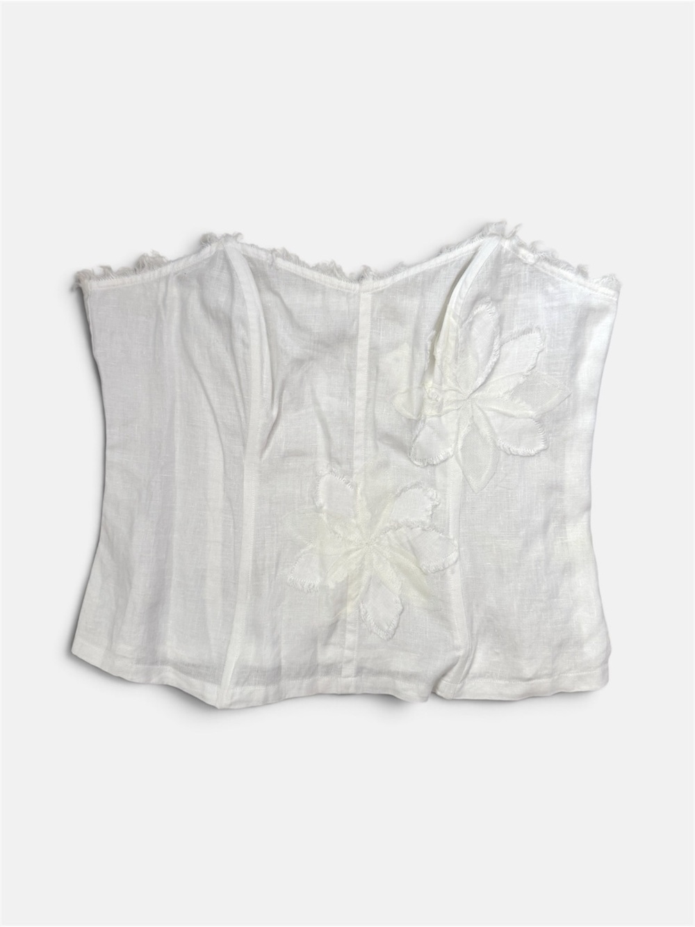 White Linen Embroidered Boned Bustier Strapless Top - Large